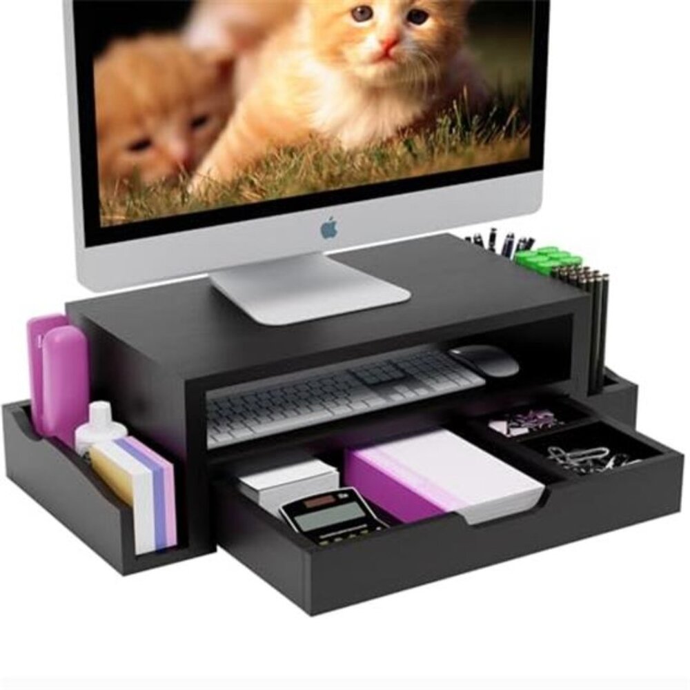 Monitor Stand Riser Wood Desk Organizer Drawer Laptop Computer Black